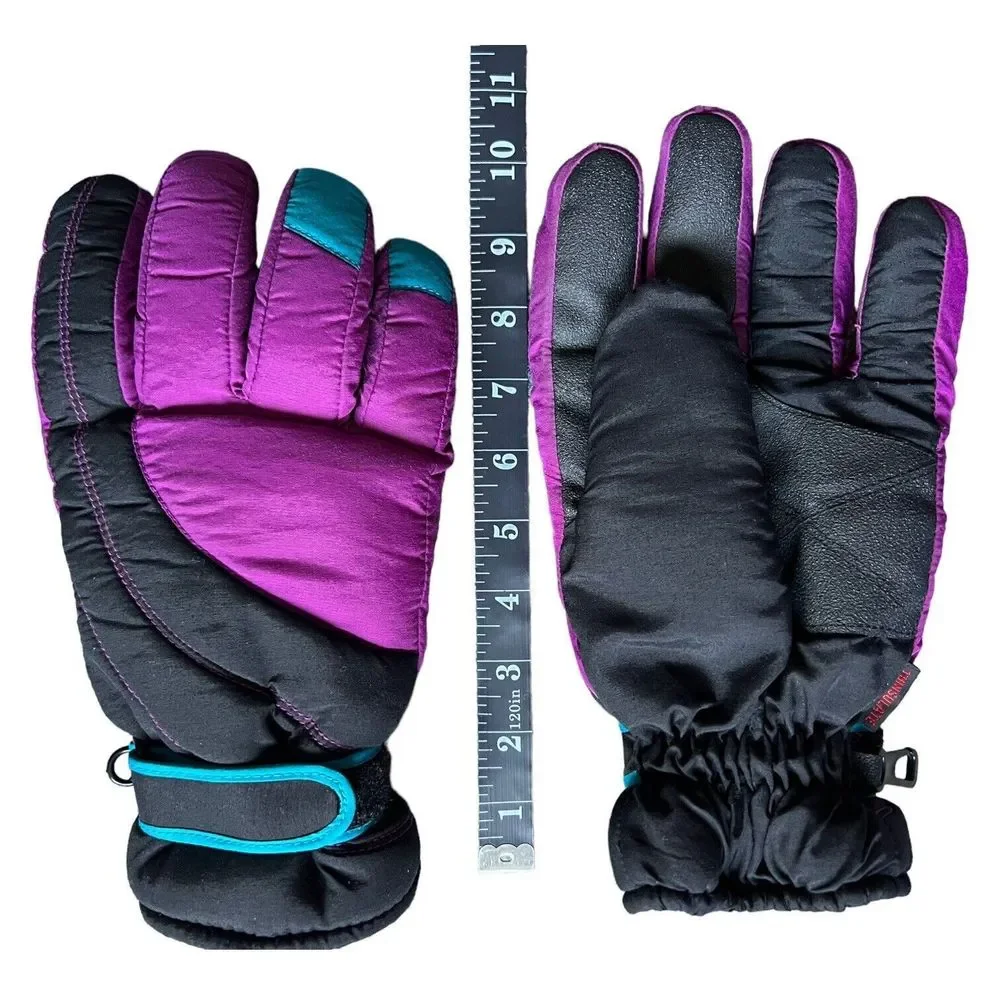 Vintage Thinsulate Ski Gloves Purple Black Teal Colorblock Retro 80s 90s Winter